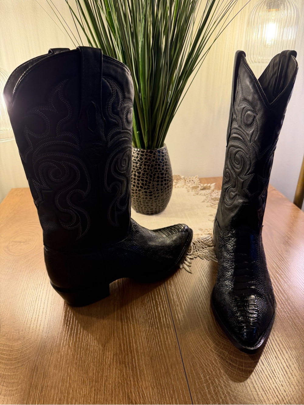 Men’s Los Altos Black Ostrich Leg Leather Western Boots 9 EE Mexico 28 EUC Beaut